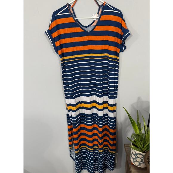 Lularoe Multicolor Striped V-Neck Maxi Dress Size Large / 14 - 16 Orange Blue - Picture 1 of 11